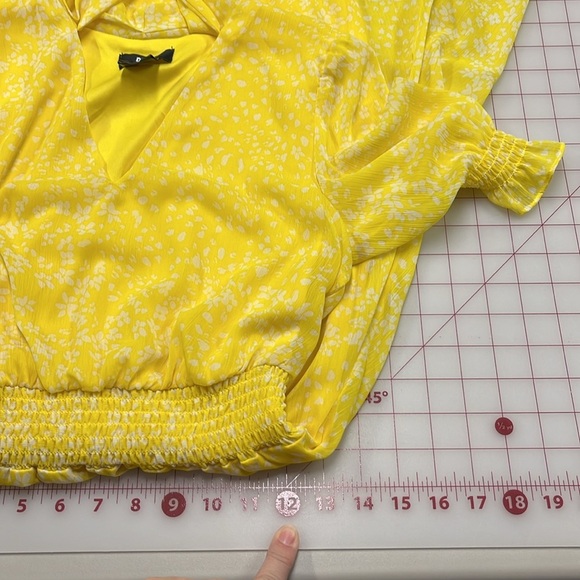 DKNY Yellow/White Floral Tie-Neck Smock Waist/Cuff Career Cottage Midi Dress 4 - Picture 12 of 16